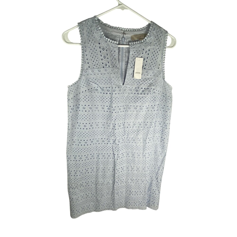 LOFT Dress Womens 4 Blue Eyelet Lace Sleeveless Shift Lined NWT V Neck